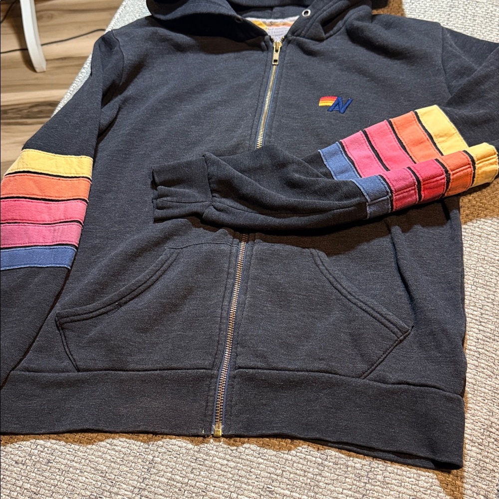 VTG Aviator Nation Venice Embroidered Patch Full Zip Hoodie Charcoal 5 Stripes S - Picture 5 of 7